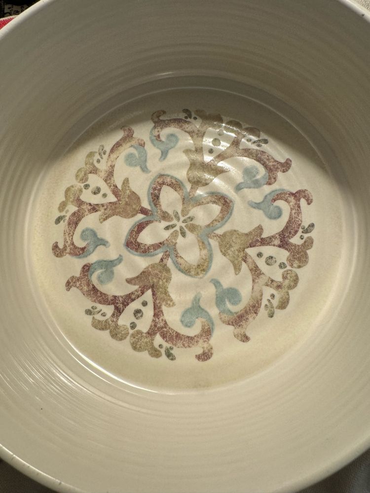 Pretty pattern

Notice the ribbing on the bottom & sides of this dog food bowl from Frontgate
Easier eating for your Doggo
Easier cleaning for you of the “bowl gunk” home made dogfood leaves behind (combo of dog saliva & meat/veggie/rice + broth leftovers)