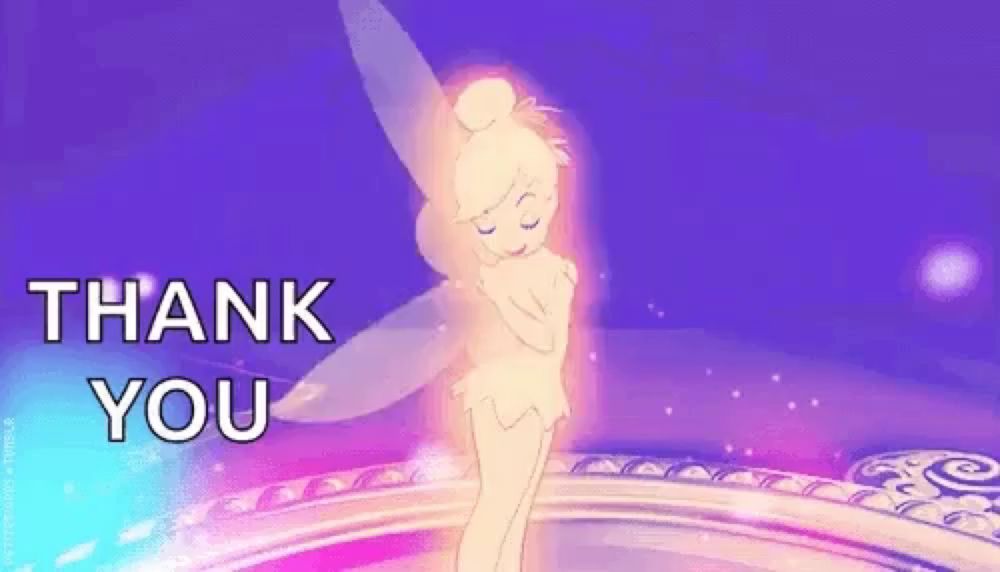 tinkerbell from peter pan is standing in front of a purple background with the words `` thank you '' written on it .