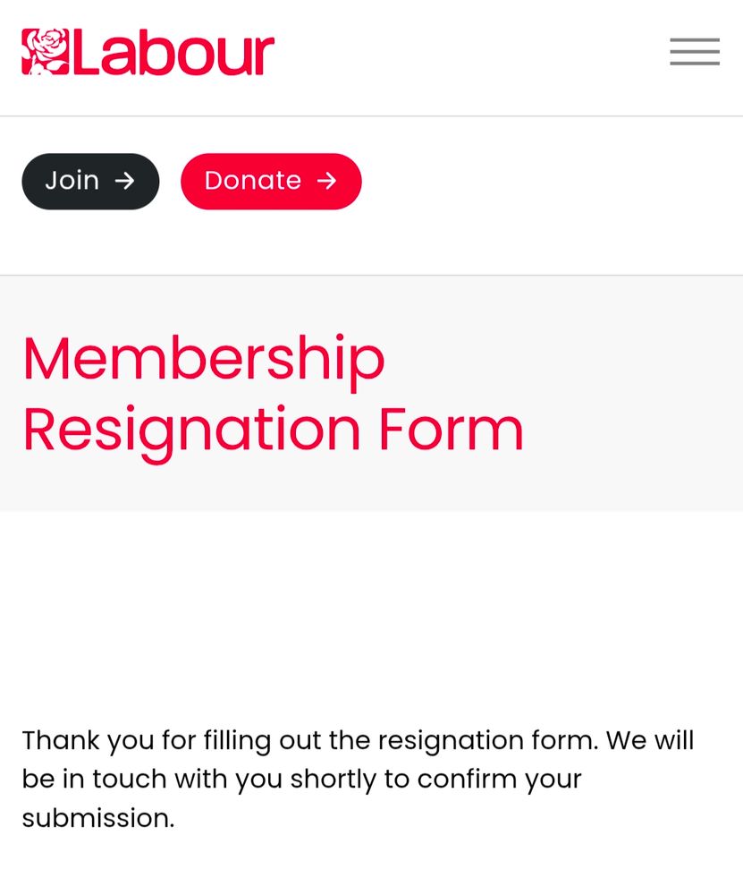 Completed resignation form (from the Labour Party)
