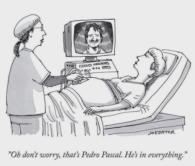 Cartoon from @joedator.bsky.social‬, with a pregnant woman lying down in a reclining chair, her face slightly annoyed, while a doctor performs a medical ultrasonography. By their side, is a monitor, with the face of Pedro Pascal. The subtitle, as said by the doctor is: "Oh don't worry, that's Pedro Pascal. He's in everything."