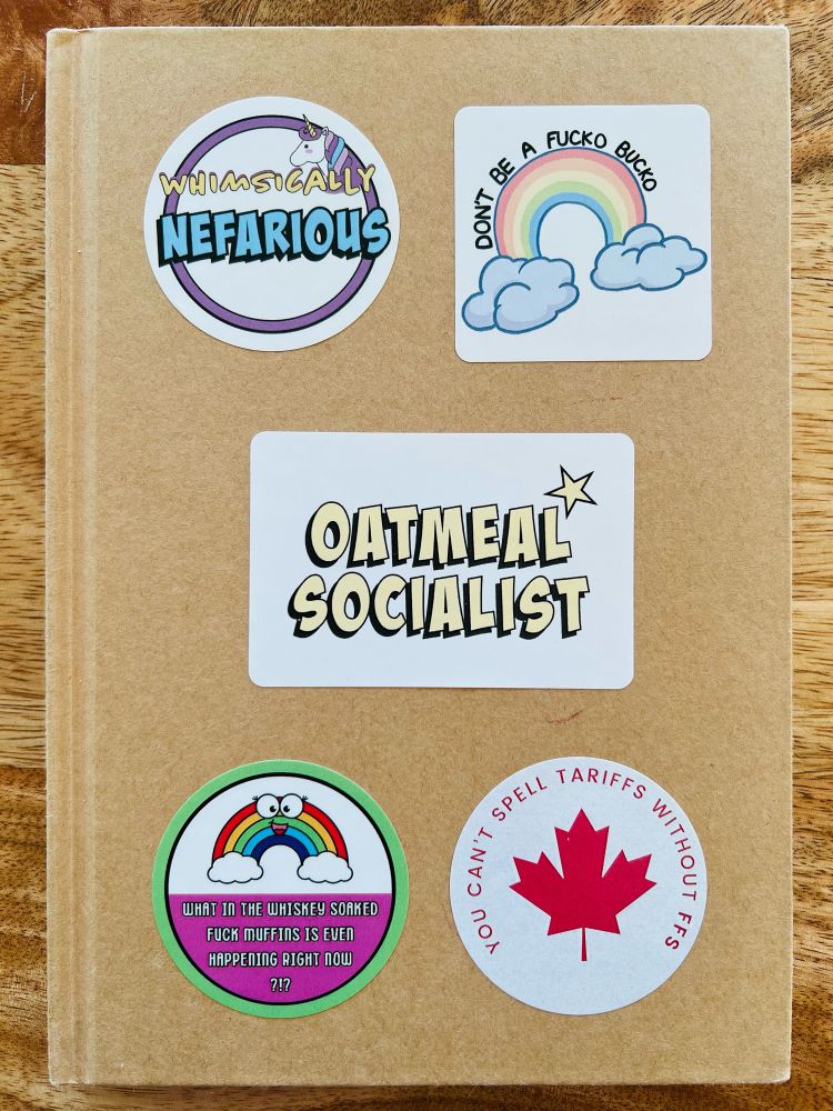 Photo of a notebook with 5 stickers on it, the text on each say whimsically nefarious, don’t be a fucko bucko, oatmeal socialist, what in the whiskey soaked fuck muffins is even happening right now and you can’t spell tariffs without ffs.