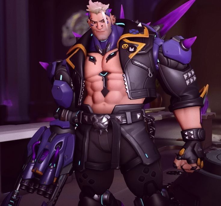 The new tank hero "Hazard" from the game Overwatch 2. He is a burly Scottish man wearing a leather jacket without a shirt underneath. His design is inspired by Punk fashion and contrasted by purple crystals prominently coming out of his back. 