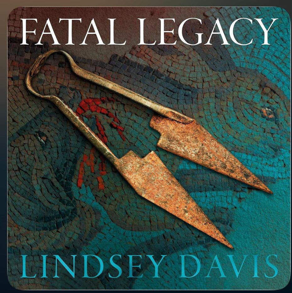 Book cover, a pair of shearing tongs on a green mosaic with a rabbit as the mosaic design