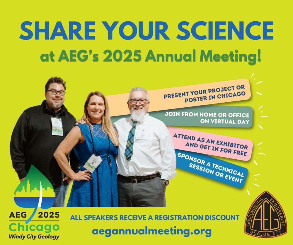 Share your science at AEG's 2025 Annual Meeting! Image of three members of the Association of Environmental & Engineering Geology smiling at a recent meeting. Image includes the 2025 meeting logo featuring the Chicago skyline and Lake Michigan. 