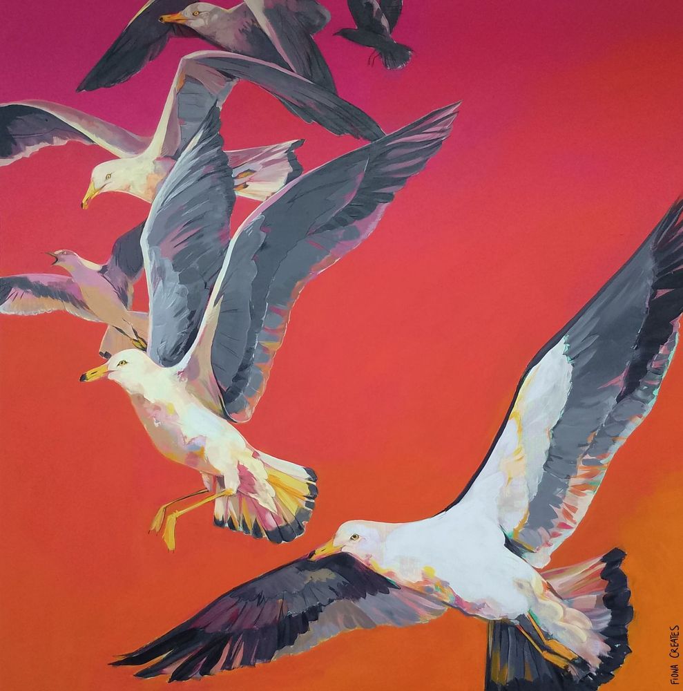 A painting of seagulls