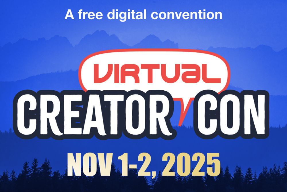 Promo for virtual creator con. Logo centred over images of forests and mountains 
