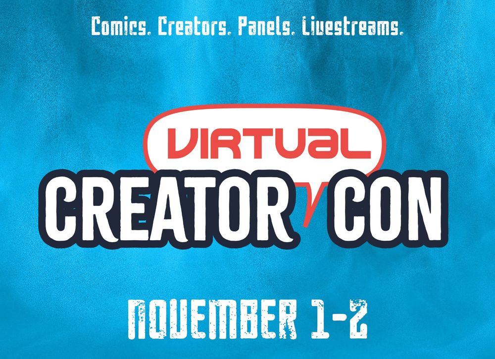 Promo for November virtual creator con. Logo floating above a textured blue background. 
