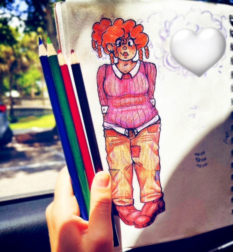 A curvy/chubby tan individual with curly red/ginger/salmon hair in a bun (with a few free curly locks dangling) and freckles. They are wearing a cableknit red/pink-ish sweater with a collared white button-up underneath, as well as a pair of tan pants with three colored patches in different spots and brown boots. The individual is posed quite politely, perhaps sheepishly and sweet, with a small smile and a faint blush as they tuck their arms behind their back.