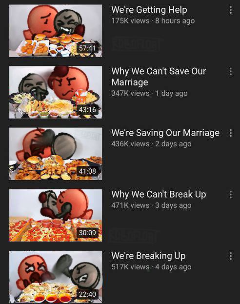 Youtube video uploads list (Meme format originally from Nickacado Avocado's channel) reading "We're Breaking Up" with an image of Nickel fighting a screaming Balloon in front of a mukbang table, "Why We Can't Break Up" with an image of Nickel and Balloon kissing in front of a mukbang table, "We're Saving Our Marriage" with an image of Nickel swinging at an irritated and shouting Balloon in front of a mukbang table, "Why We Can't Save Our Marriage" with Balloon swinging at a screaming Nickel in front of a mukbang table, and then "We're Getting Help" with an image of Balloon hugging/comforting a crying Nickel, who holds a tissue up to his face as they sit in front of a mukbang table.