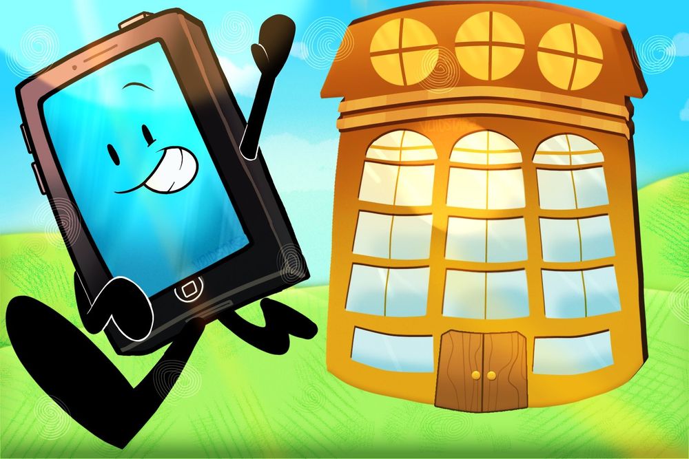 MePhone4 waves happily as he runs off, Hotel OJ standing tall in the background.