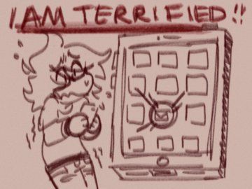 Big red text at the top reads "I AM TERRIFIED!!" In bold and underlined.
The drawing shows OP anxiously checking emails on a smartphone while shaking.