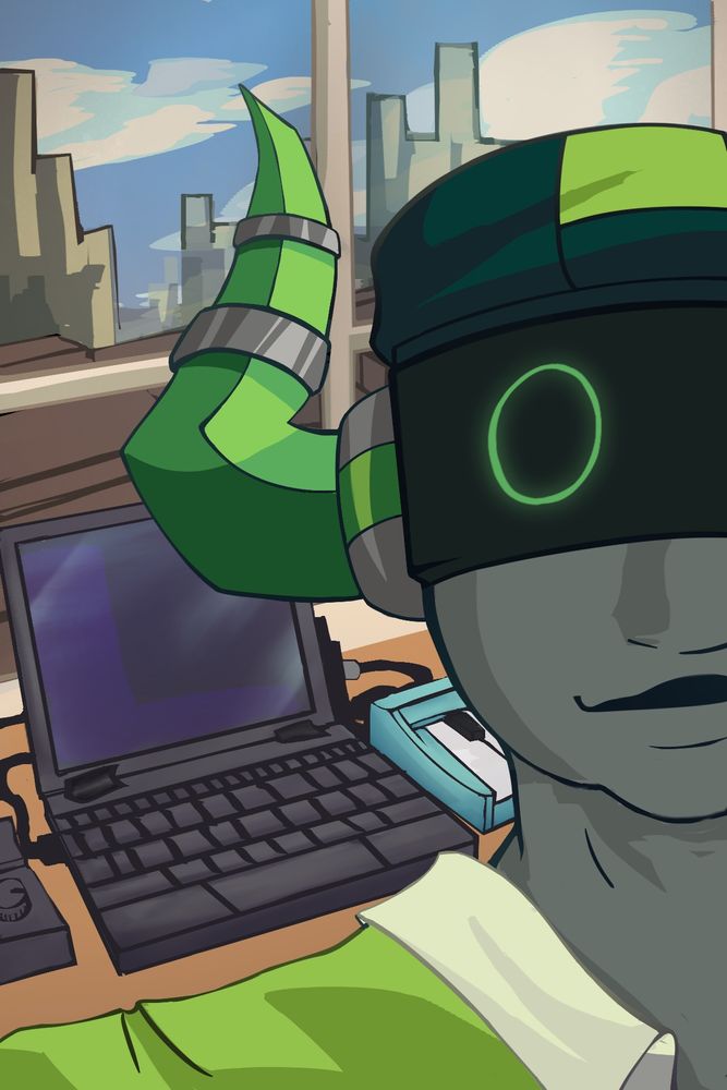 Boombox holds the camera, half of his face being cut out of frame. Behind him, a bulky laptop rests on a desk in front of a window that looks out on a city in Playground.