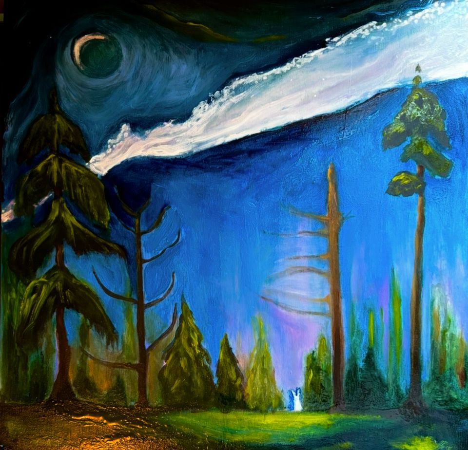Painting of a clearing in the woods at night. A small white figure vaguely animal shaped stands in a pool of light. 