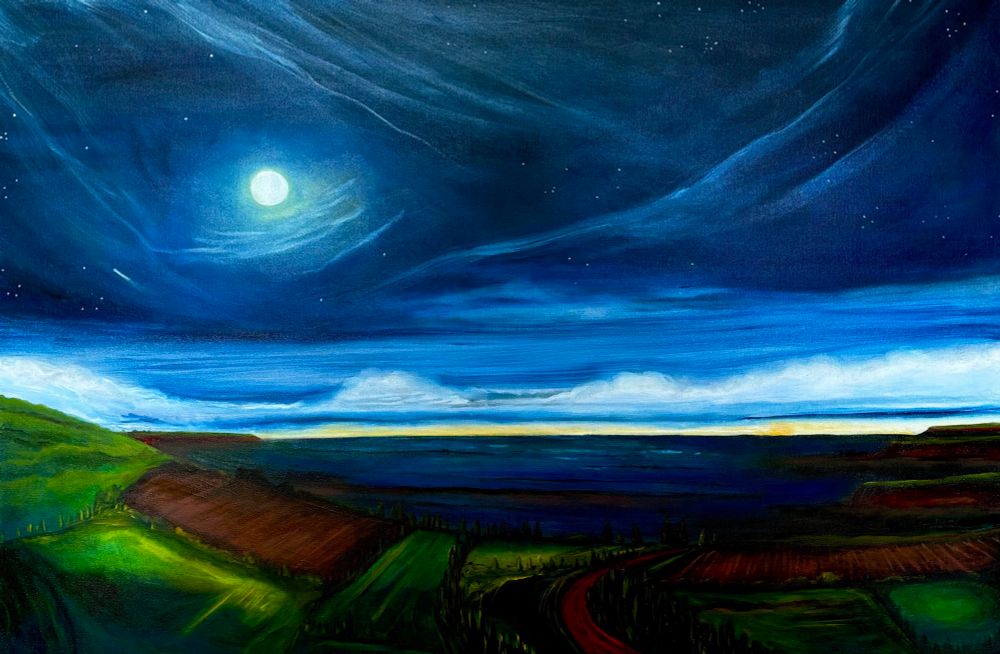 An oil painting of a PEI coast with fields overlooking the Northumberland Strait. It is a pre-dawn sky with a full moon. 