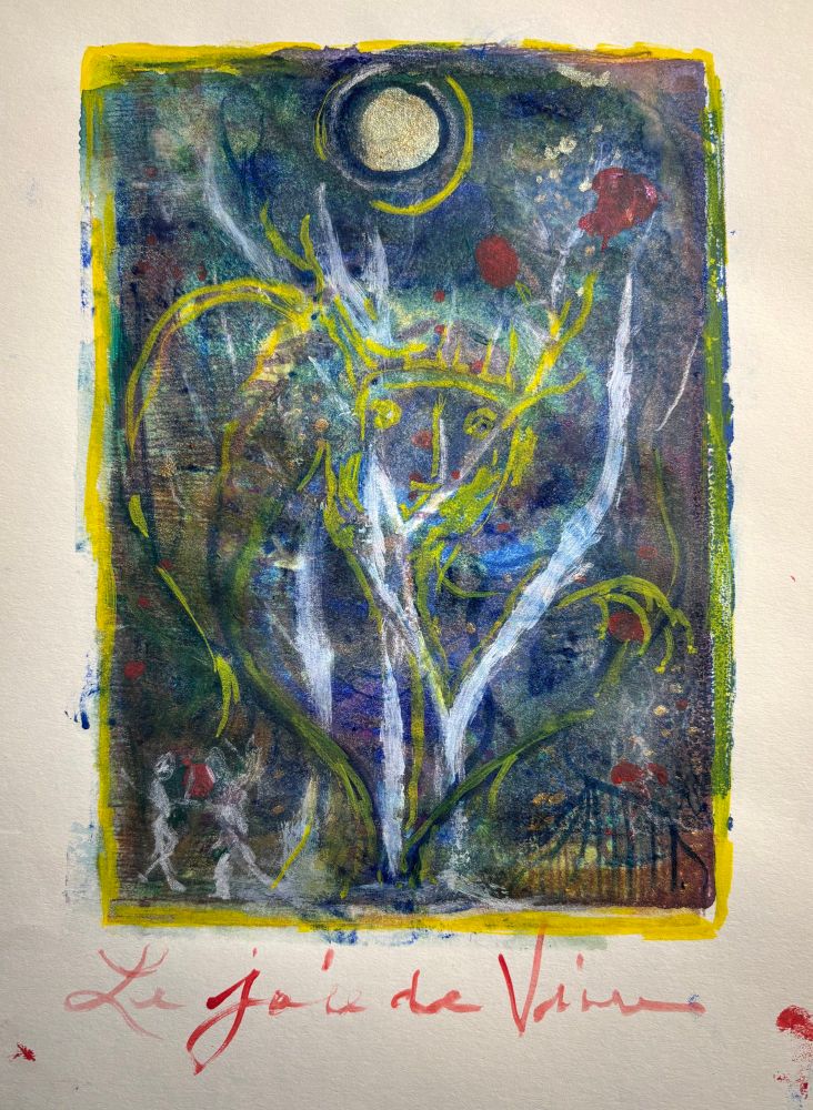 A colourful monoprint called Le joie de vivre. It is abstract with several marks and shapes made with ink, paint, chalk and alcohol marker. 