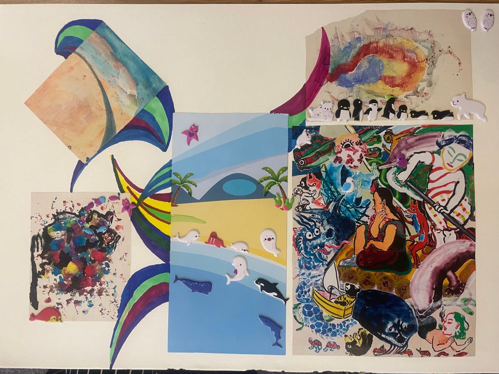 A collage featuring abstract shapes and designs that invoke ocean waves. Stickers of penguins, seals and other marine life have been added on top.