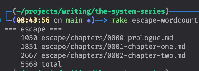 a screenshot of my word count. It shows that I have an actual make target for getting the word count. Bwahahaha.