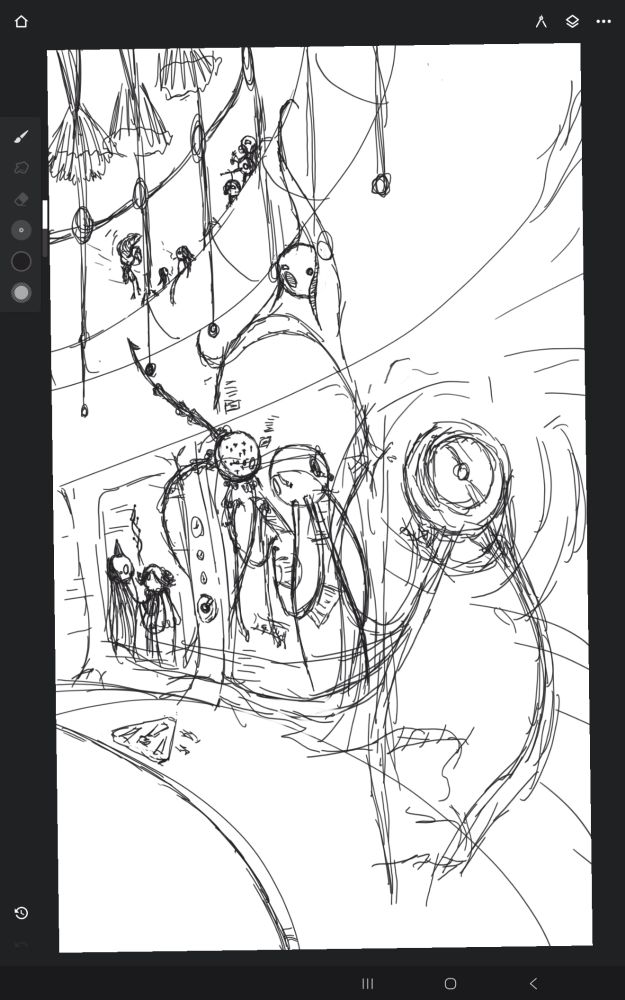 Train station with machine people boarding. One is facing the camera, projecting a ring pictogram around its eye. Birds are smoking on a balcony in the background.