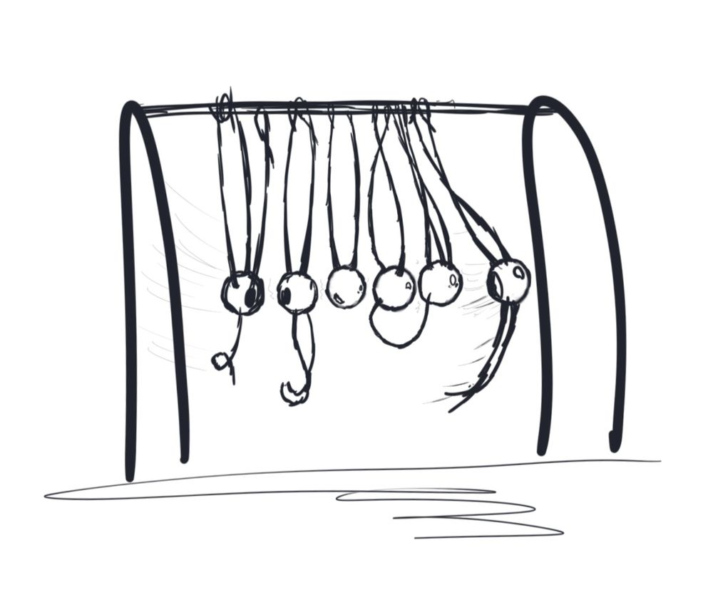 A row of spherical machine bodies hanging from a swing, one on the right swinging, like that one toy that demonstrates transfer of kinetic energy