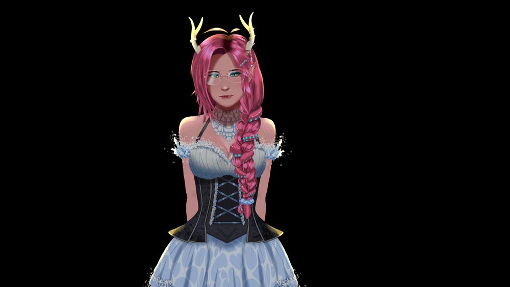 screenshot of Amber the Awkward's model. pink hair with tentacles incorporated in a large loose braid