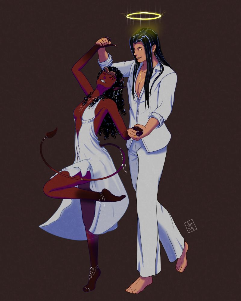 A tiefling woman and aasimar man dancing in their nightclothes. He has black hair and a halo above his head. She has curly black hair and a slender tail ending in a spade.  Both wearing white. 