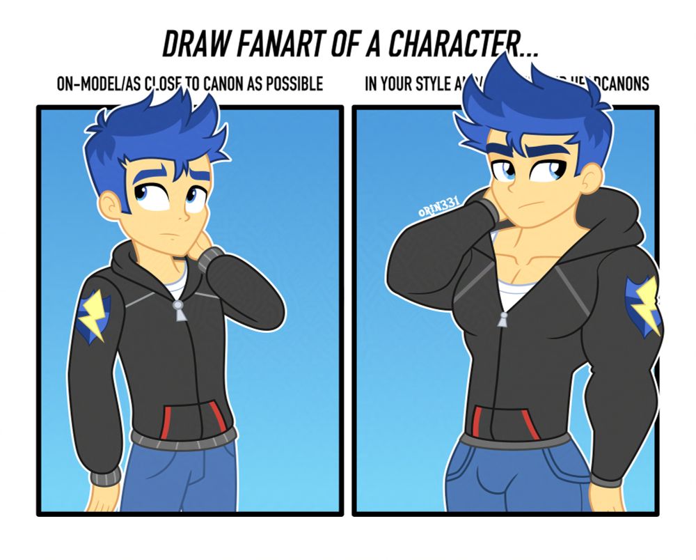 That canon vs headcanon meme, with the subject this time being Flash Sentry from Equestria Girls. The first panel has Flash as he appears in canon, looking a bit lost, while in the second panel Headcanon Flash is in the same pose and is just beefier with nicer hair lmao 