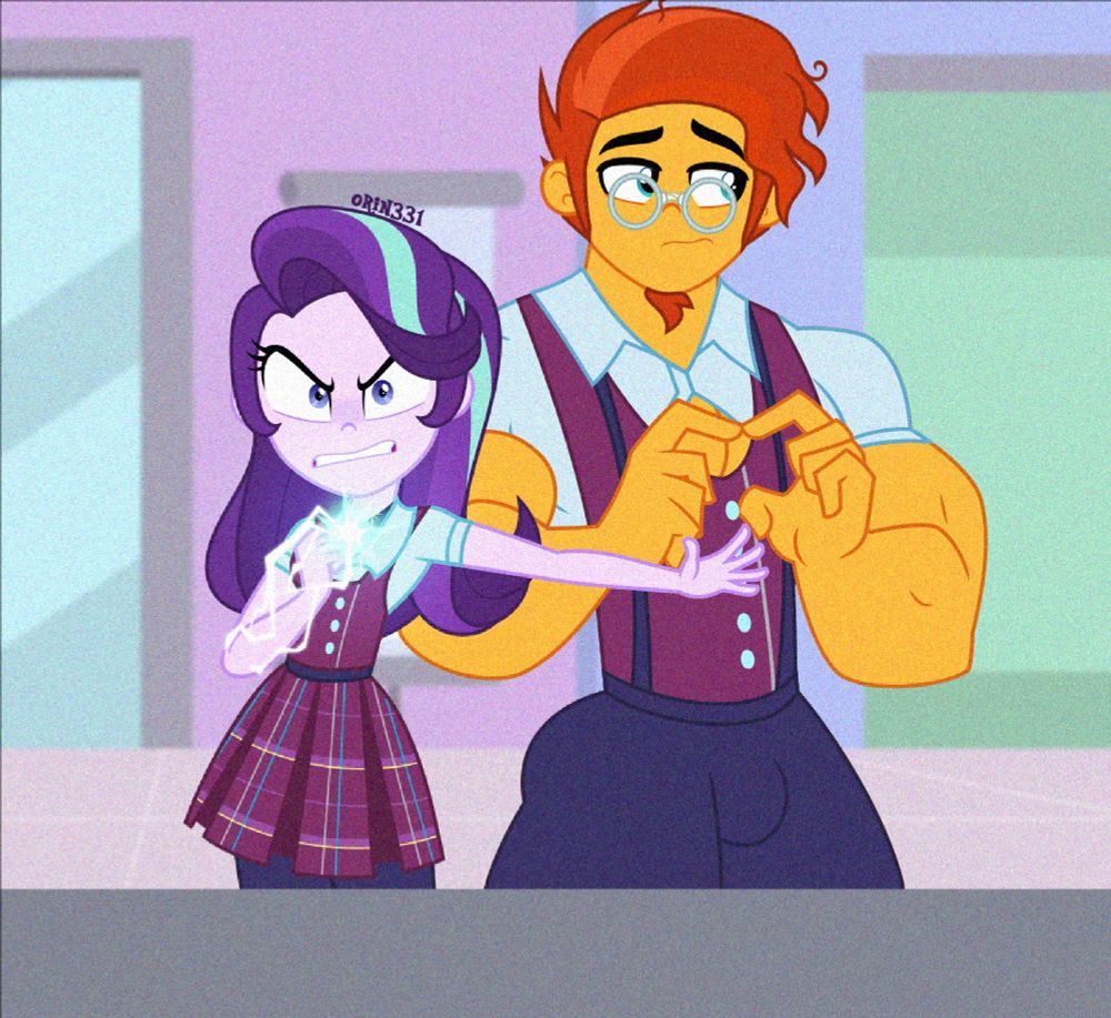Human Starlight Glimmer, with murderous intent, reprimanding a cashier on human Sunburst's behalf. Sunburst is pretty swole. They're both wearing Crystal Prep Academy uniforms.
