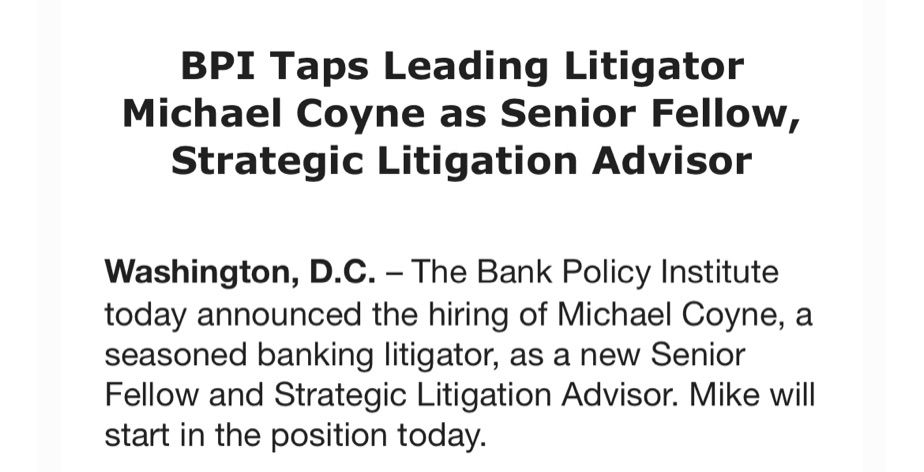 BPI hires Michael Coyne as “Strategic Litigation Advisor.”
