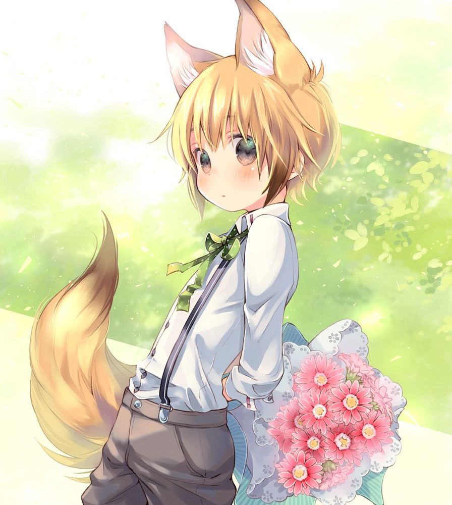 お友達に花束を渡そうとしてもじもじしてる狐さん🦊
