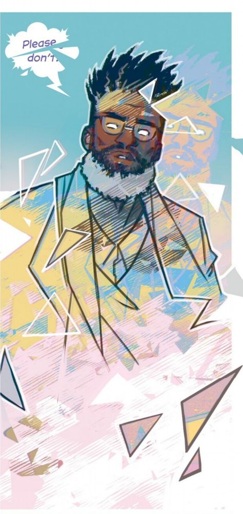 Etienne Lux's psychic projection, in a panel from issue #1 of The Power Fantasy. Notable in this image is how he (de)materialises with a visual motif of sharp geometric shards.