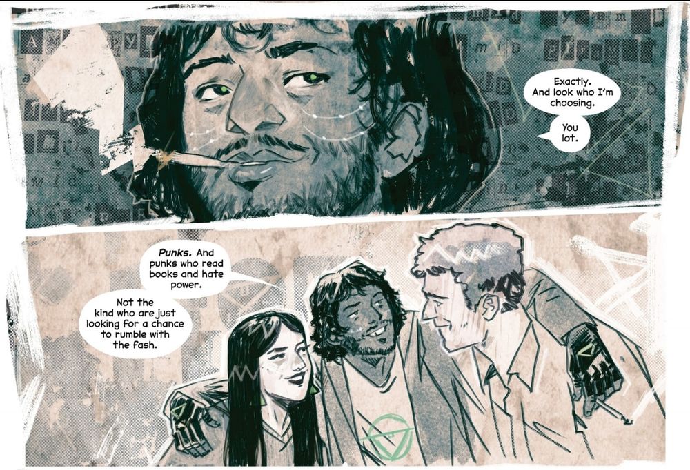 Two panels from The Power Fantasy #5, from the punk zine flashback sequence set in 1978. The unmasked Jacky Magus is speaking with his Arseholes, his not-quite-fully-inner circle of his cult, talking about why they were chosen to have access to the secrets and power that go along with that status. He's smiling and has his arms around the shoulders of two of them in the second panel.

Dialogue from JACKY MAGUS: Exactly. And look who I'm choosing. You lot. Punks. And punks who read books and hate power . Bit the kind who are just looking for a chance to rumble with the fash.