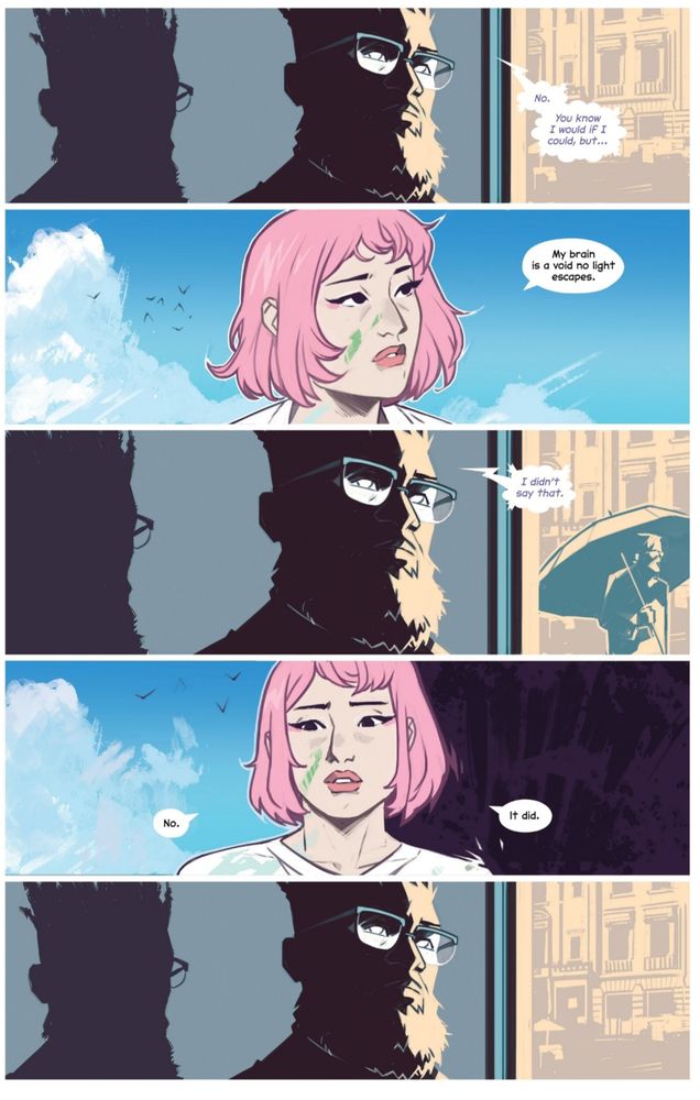 Page from issue #2 of The Power Fantasy. Etienne Lux and Masumi are talking in a stacked column of five pagewide panels, strictly alternating. Lux is strongly lit from one side to provide a stark shadow: in the fourth panel, Masumi gets a matching darkness of more sinister origin on the opposite side of her face.

Dialogue runs:
Etienne: No. You know I would if I could, but...
Masumi: My brain is a void no light escapes.
Etienne: I didn't say that.
Masumi: No. It did.