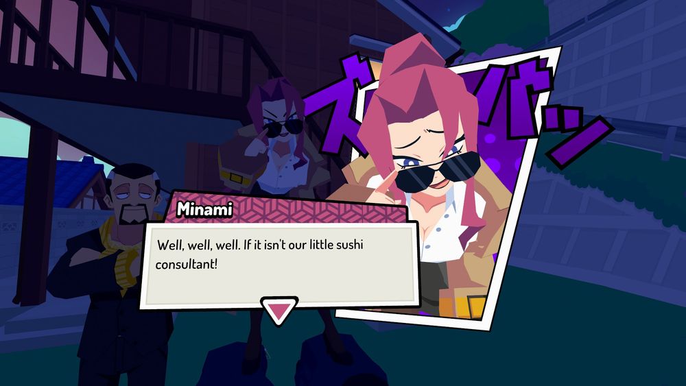 Minami the landshark talks down to the player, peering over a pair of sunglasses and through a pair of bangs that frame her face. She stands atop two of her kneeling men, for she would never dirty her shoes on common soil.