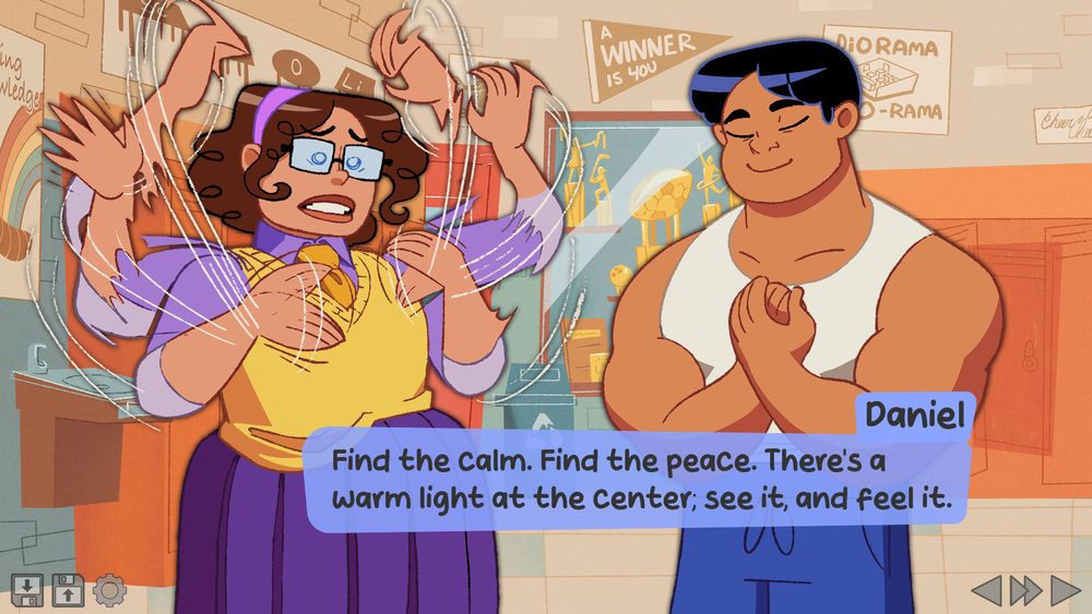 Juno waves her arms around in the middle of having a panic attack. Daniel is doing his best to help her out, with a gentle and kind expression on his face. He says: Find the calm. Find the peace. There's a warm light at the center; see it, and feel it.