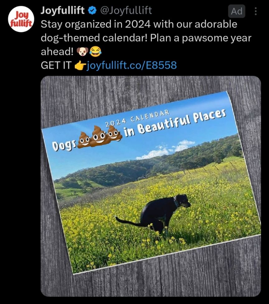 A calender of dogs pooping in beautiful places