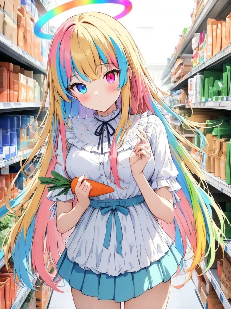 1girl, long hair, straight hair, (change-color hair:1.3), heterochromia color-changing eyes, rainbow halo, expressionless, medium breasts, 