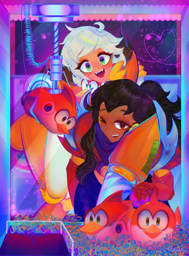 2 robot women (crash and metal) going for a date. Perspective looking through the claw machine. Metal trying to get a PIPiT plush from the claw crane machine for Crash.   