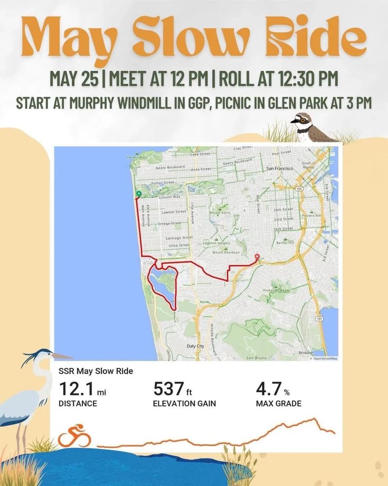 Route proceeds south through Sunset Dunes Park, loops around Lake Merced then east on Ocean Ave


12.1 miles

537 feet elevation gain

4.7% max grade