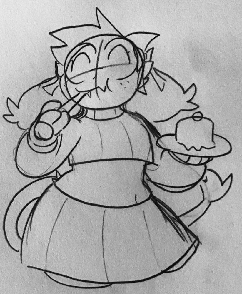 Ralsei holding a cake or some sort of dessert in one hand and sticking a spoon in the other. She's wearing some sort of cropped turtleneck sweater and a skirt, while wearing the Twin Ribbons item.