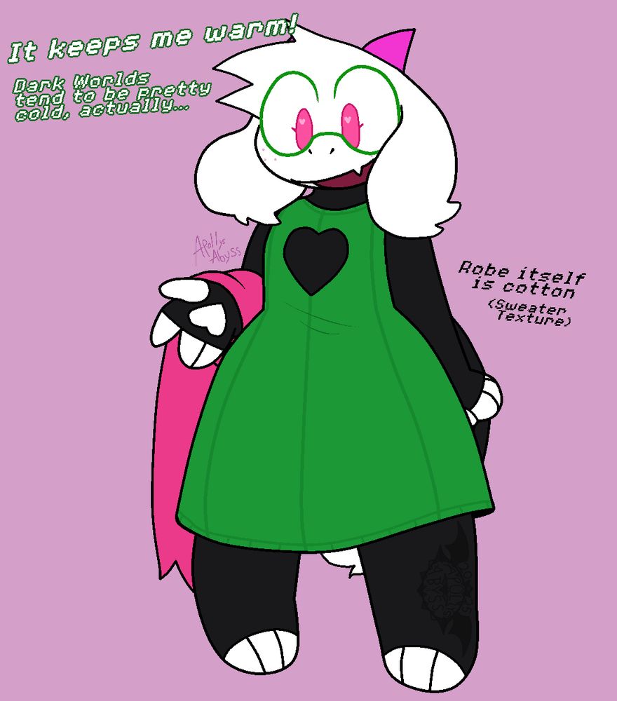 Ralsei showing off her outfit in full. She has her scarf draped over her right arm.
"It keeps me warm! Dark worlds tend to be pretty cold, actually..."

The robe itself is cotton, (Sweater Texture)