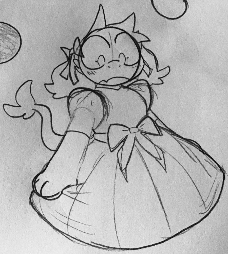 Wearing the blue dress from Undertale/Deltarune that is largely and repeatedly associated with trans experience and identity, Ralsei looks down at herself with a soft blush.