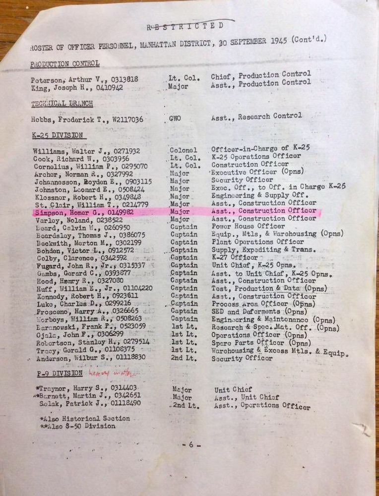 Manhattan Project employee directory listing a Major Homer Simpson as working at Oak Ridge, TN. 