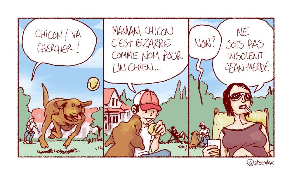 Un jeune garçon joue avec son chien dans le jardin : « Chicon ! va chercher ! », crie-t-il gaiement en lui lançant la balle. Puis accroupi auprès du fidèle ami canin, il questionne sa mère assise dans un transat un peu plus loin : « Maman, Chicon c’est bizarre comme nom pour un chien… Non ? » Cigarette au bec, lunettes de soleil sur le nez et verre à la main, celle-ci de lui répondre : « Ne sois pas insolent Jean-Merde ». [fin]
