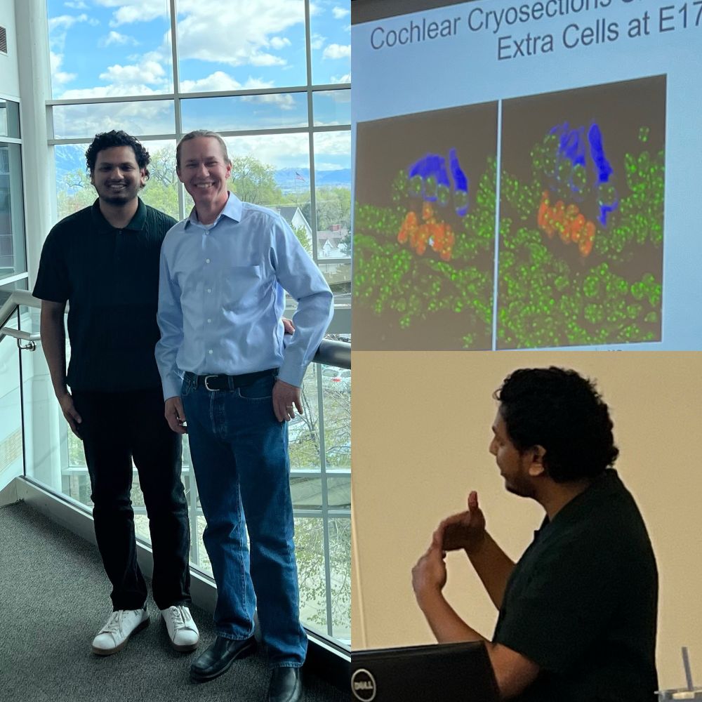 A collection of images showing Dr Kale during his research presentation, a key data slide and my photo op with him after the defense