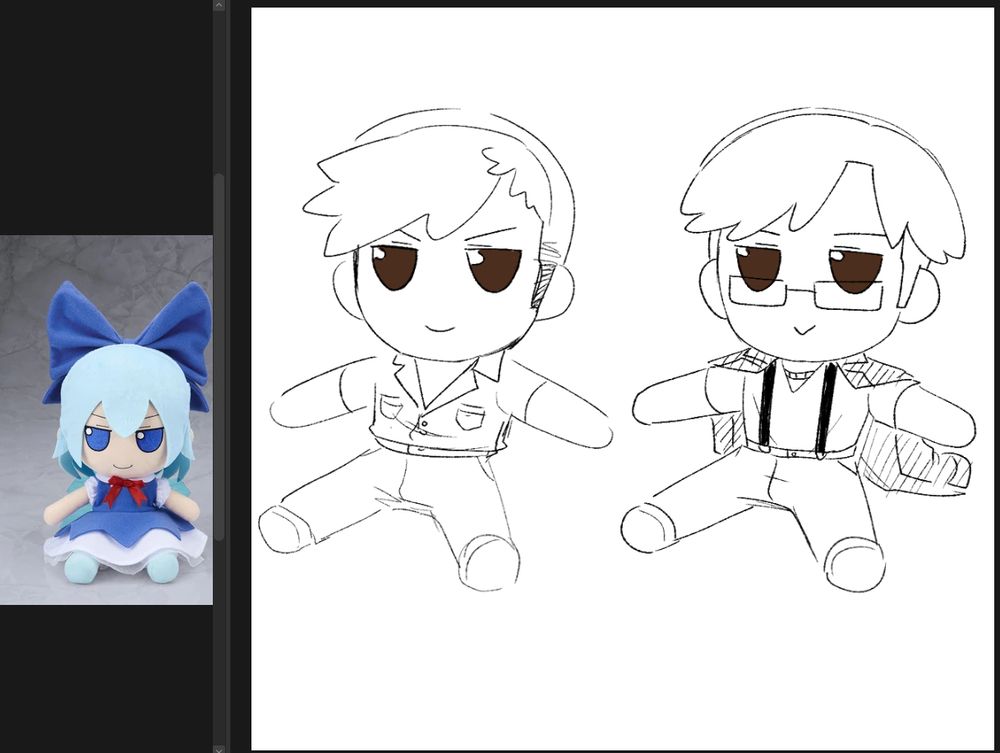 A goofy doodle of Julong and Scott as Fumo plushies. On the left of them is a Fumo plush of Cirno from Touhou that I used as a reference 