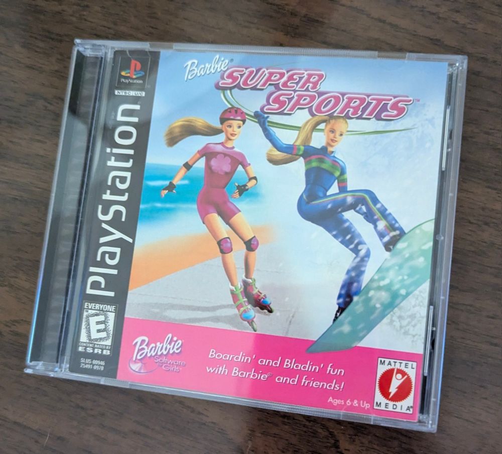 a photo of the game case for barbie super sports on ps1 featuring 2 barbies. one is roller skating and one is snow boarding
