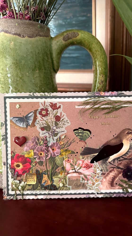 A closer look at the smaller details of the handmade card.