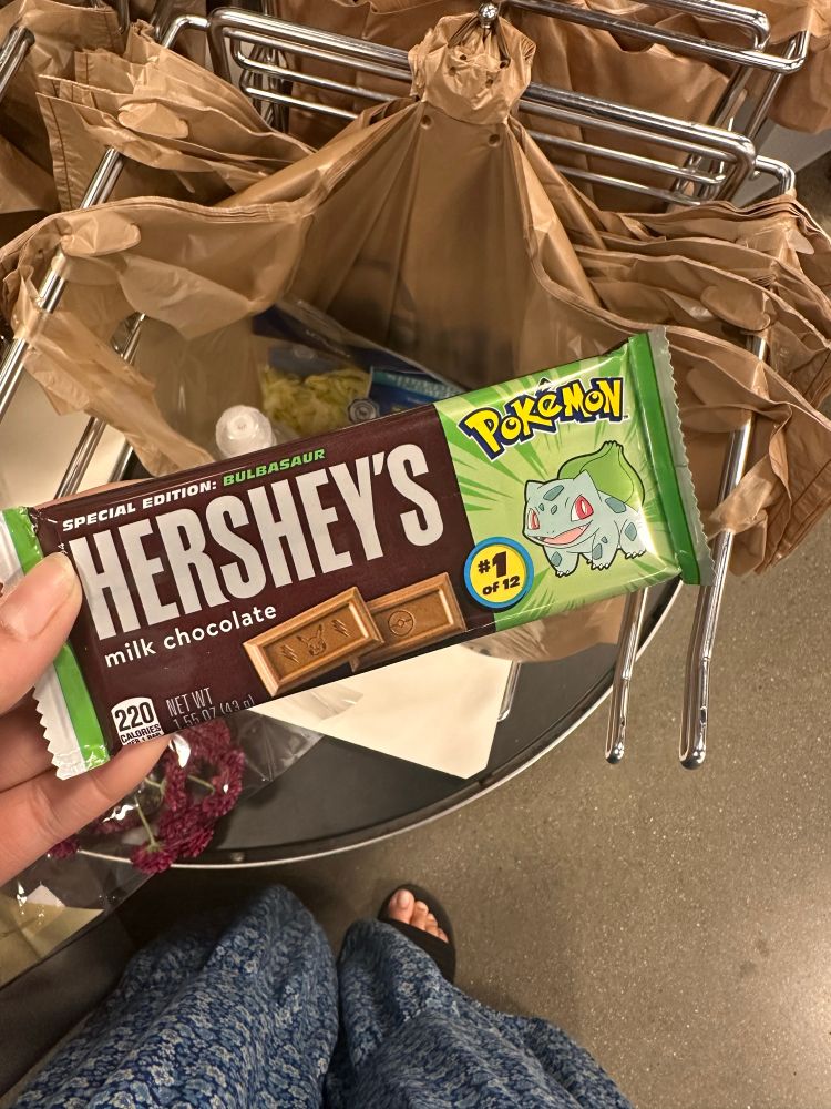 A Hershey’s special edition milk chocolate bar with the Pokémon Bulbasaur on the outside wrapper. 