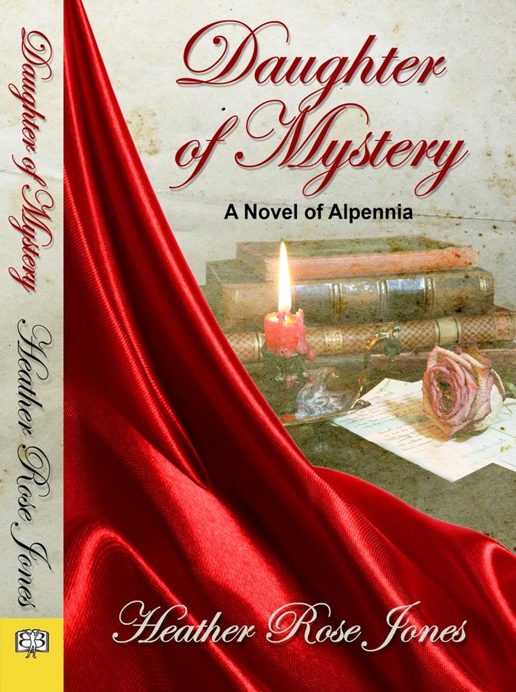 Cover of Daughter of Mystery, by Heather Rose Jones, featuring a red silk cloth over the bottom left diagonal, in front of a candle next to a pile of books and papers, and a single pink rose head.