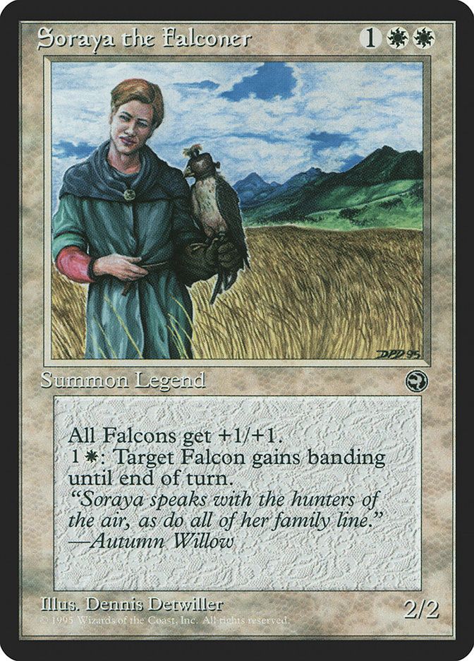 (Oracle text copied from Scryfall, note that the actual card says "Falcons" not birds)
 Soraya the Falconer {1}{W}{W}

Legendary Creature — Human

Bird creatures get +1/+1.

{1}{W}: Target Bird creature gains banding until end of turn. (Any creatures with banding, and up to one without, can attack in a band. Bands are blocked as a group. If any creatures with banding a player controls are blocking or being blocked by a creature, that player divides that creature’s combat damage, not its controller, among any of the creatures it’s being blocked by or is blocking.)

“Soraya speaks with the hunters of the air, as do all of her family line.”
—Autumn Willow
2/2

Illustrated by Dennis Detwiller 